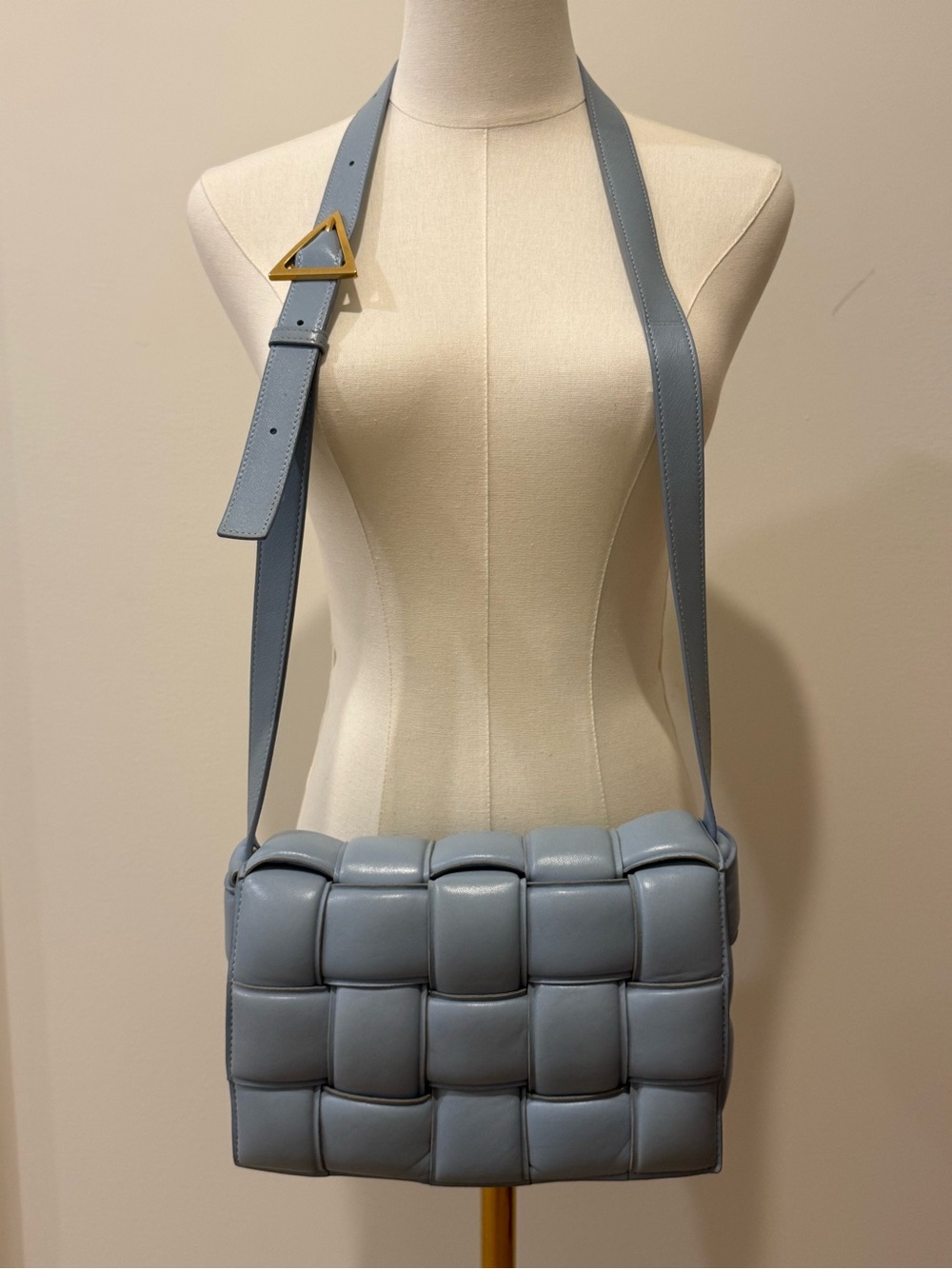 Bottega Veneta Light Blue Padded Intrecciato Shoulder Bag with Gold Buckle